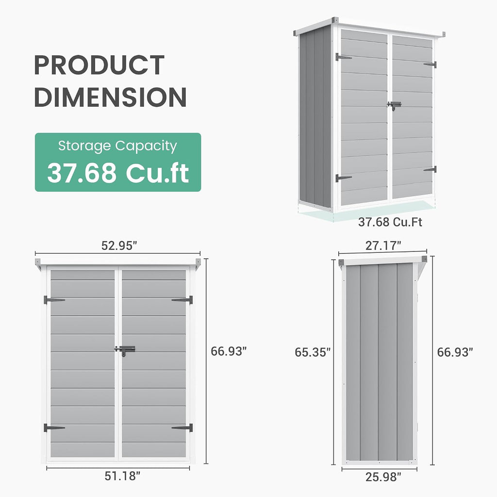 UDPATIO 38 Cu.ft Vertical Storage Shed, 4.3 ft x 5.6 ft Outdoor Storage Shed Waterproof Resin Cabinet for Garden, Backyard, Lawn, Grey