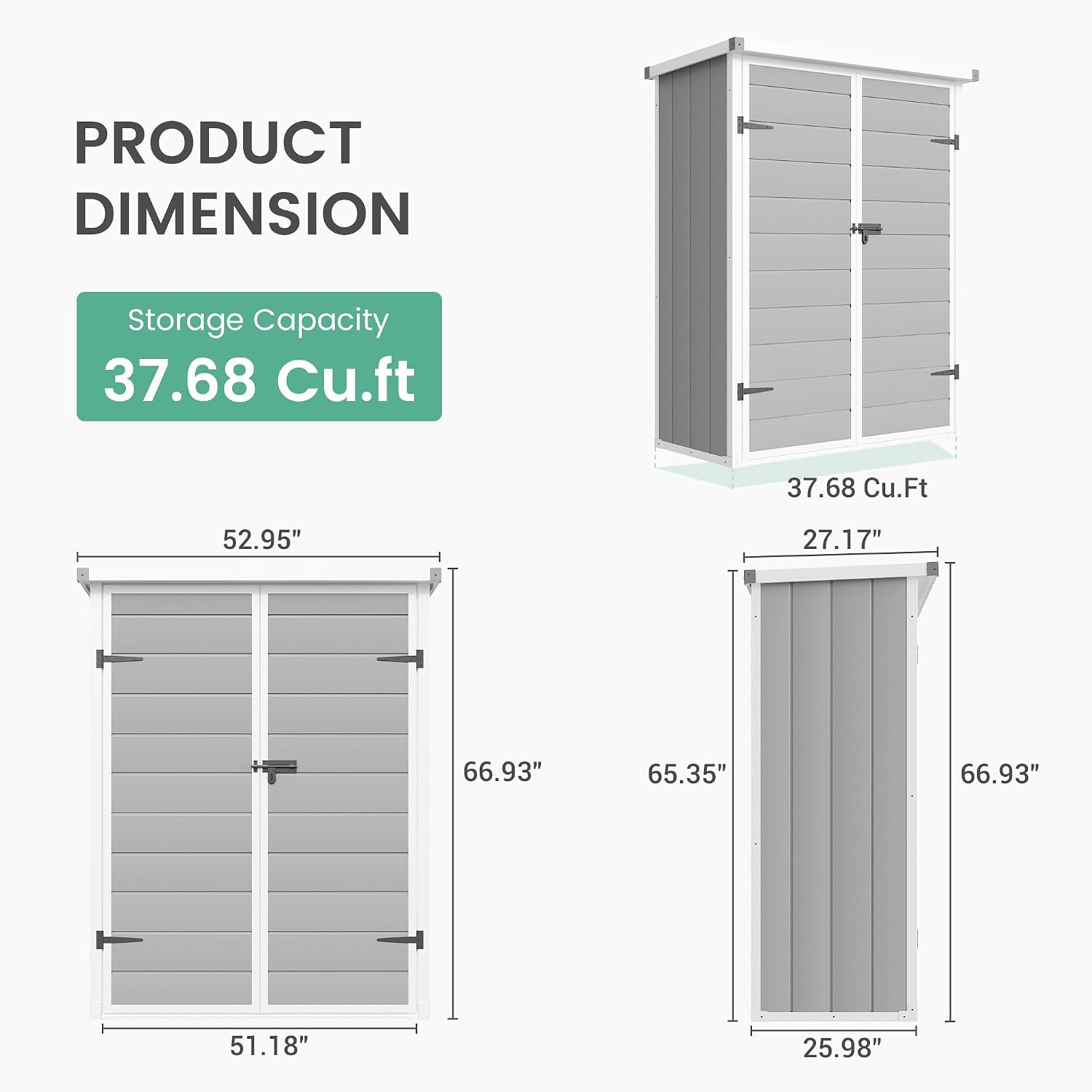 UDPATIO 38 Cu.ft Vertical Storage Shed, 4.3 ft x 5.6 ft Outdoor Storage Shed Waterproof Resin Cabinet for Garden, Backyard, Lawn, Grey