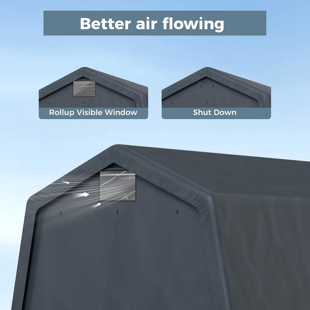 GREEN PARTY Storage Shelter Shed, 13x22 ft Portable Shed Outdoor Carport with Roll-up Zipper Door & Vents, Outdoor Storage Shed Portable Garage for Motorcycle, Bike, Waterproof & UV Protected, Gray