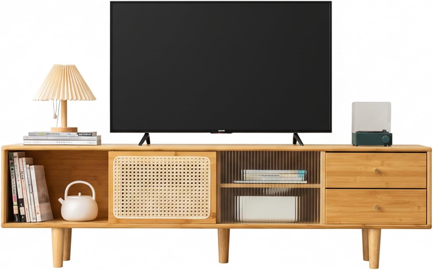 Tiita Rattan TV Stand for 55 60 Inch TV, Bamboo TV Cabinet with 2 Drawers, Boho Entertainment Center with Adjustable Shelf, Mid Century Modern Media Console for Bedroom, Living Room, Study