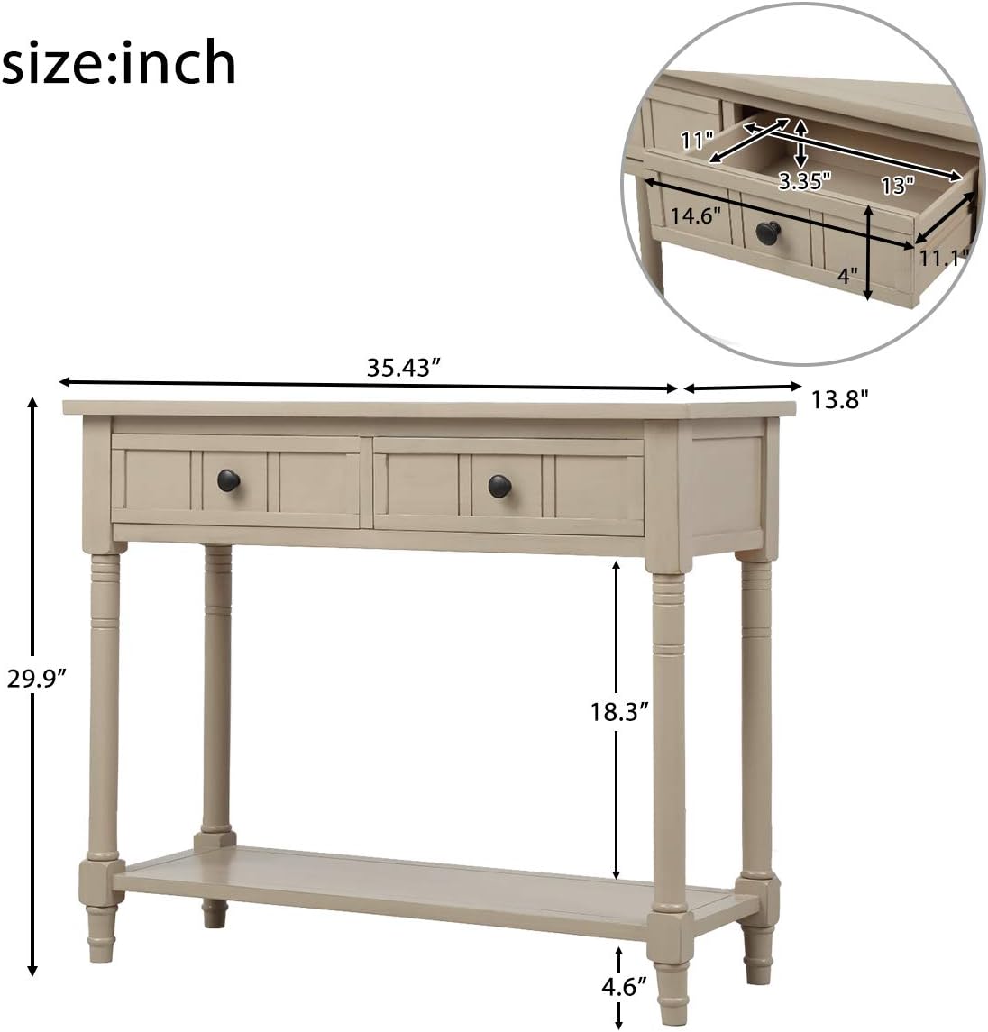 Knocbel 35.5 Inch Antique Entry Console Table with Drawers & Bottom Open Shelf, Solid Wood Sofa Couch Table for Entryway Hallway Living Room (Retro Grey)