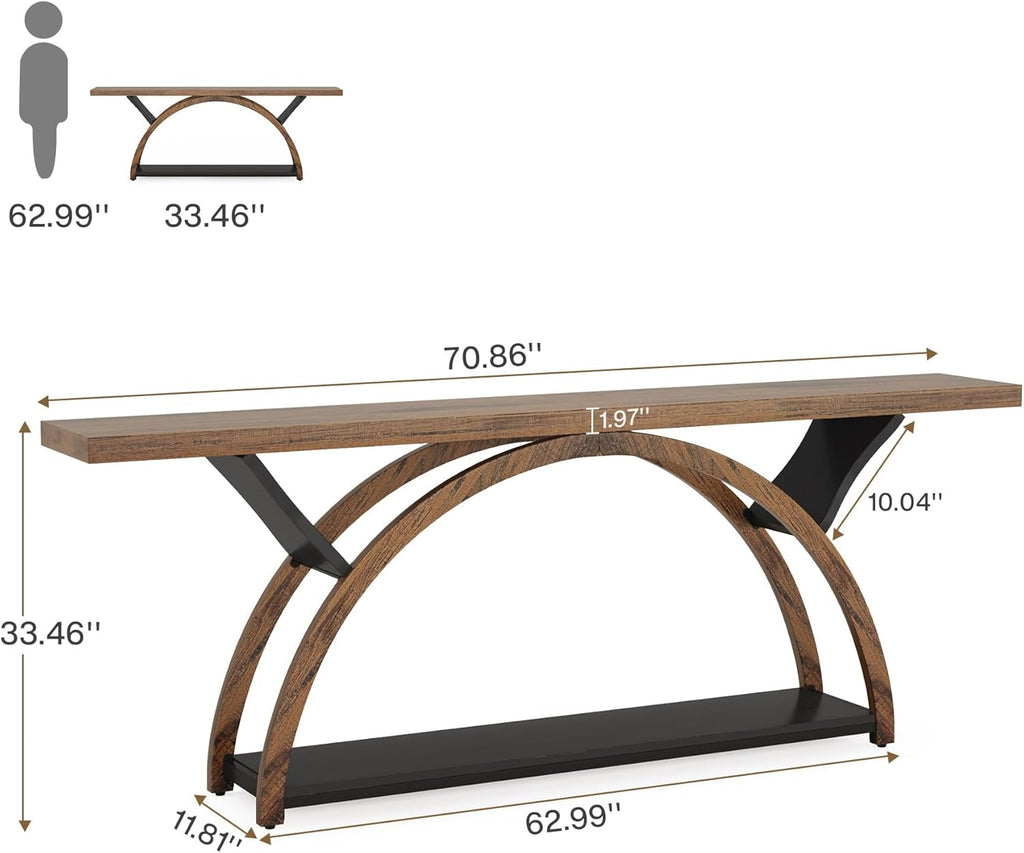 Tribesigns 70.87' Console Table with Storage Shelf, Narrow Long Sofa Table Behind Couch Table, 2-Tier Rustic Entryway Table with Half Moon Frame for Hallway Living Room (Brown & Black)