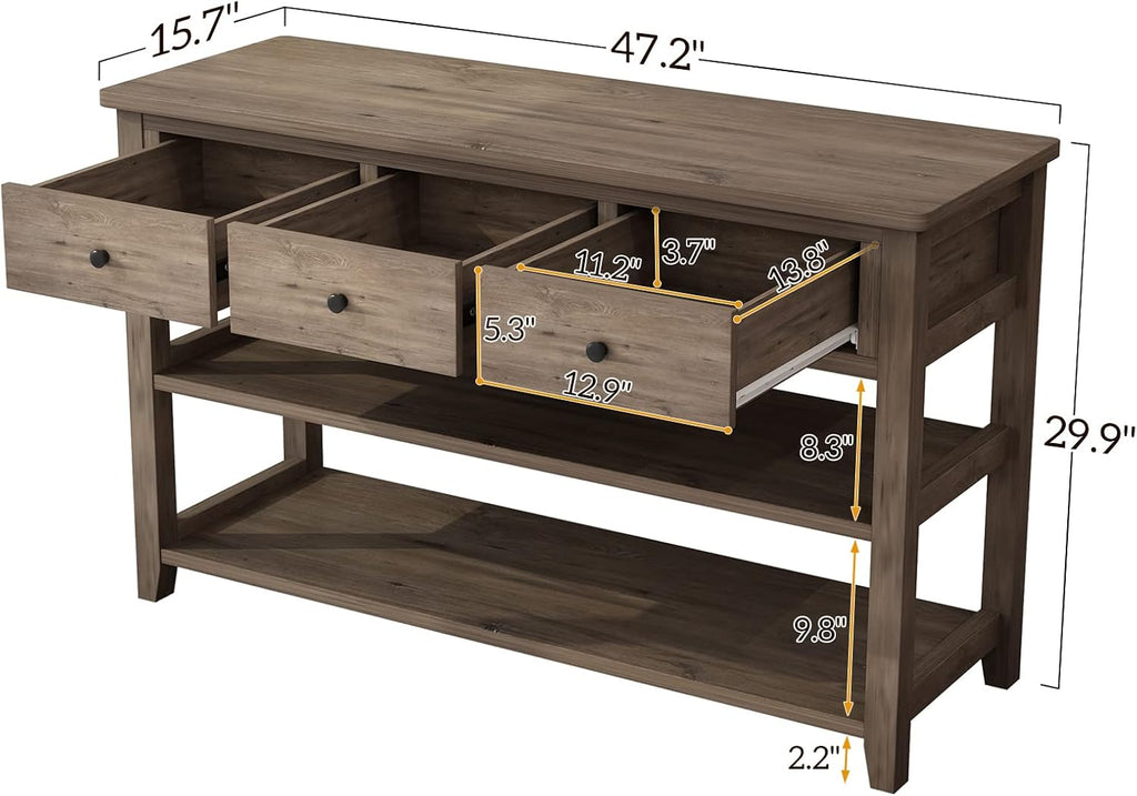 Karl home Console Table with 3 Drawers, 47' Farmhouse Wash Grey Entryway Sofa Table with Silent Slide Rails & Anti-Fall Guardrails for Hallway, Living Room, Foyer, Office