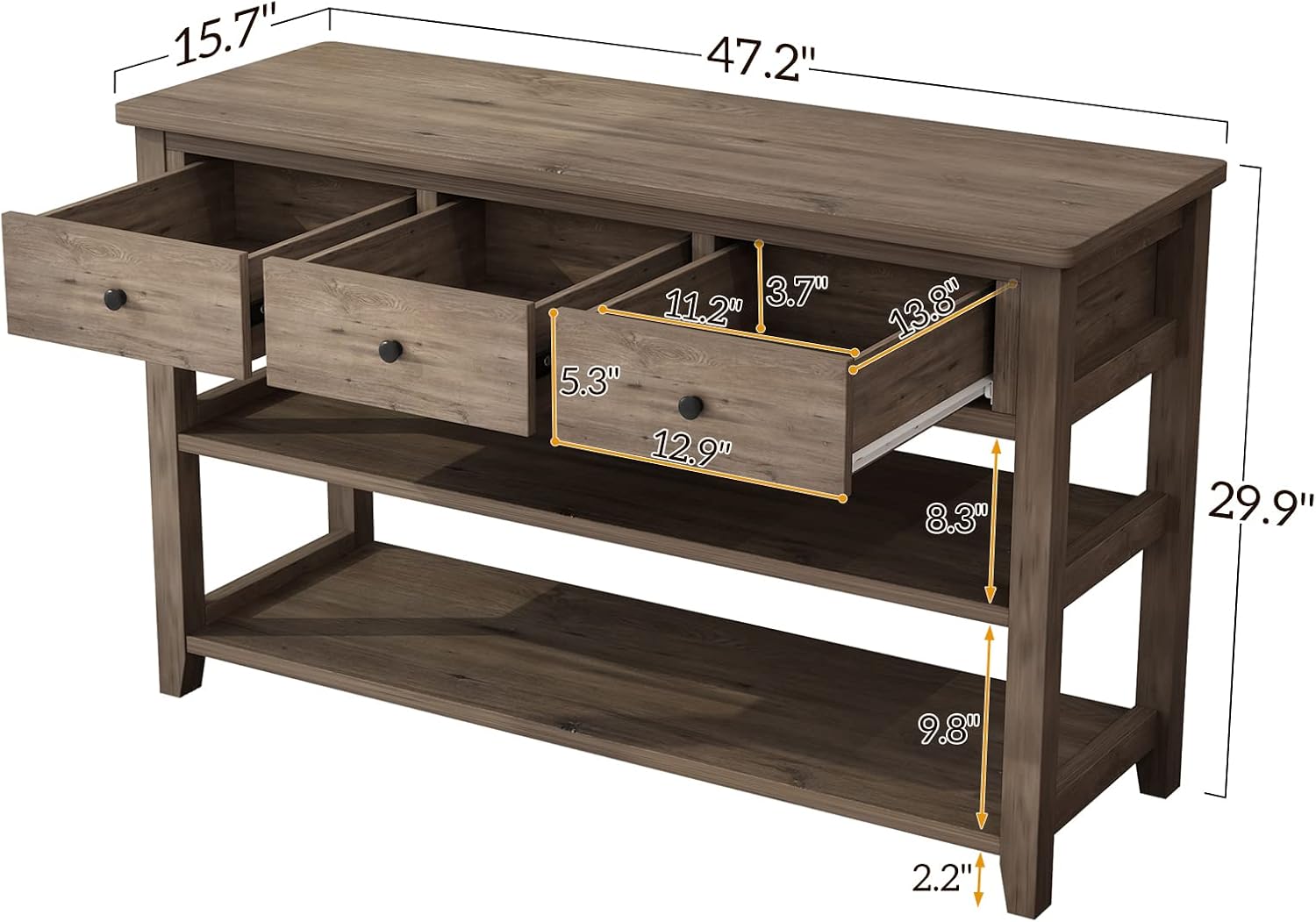 Karl home Console Table with 3 Drawers, 47' Farmhouse Wash Grey Entryway Sofa Table with Silent Slide Rails & Anti-Fall Guardrails for Hallway, Living Room, Foyer, Office