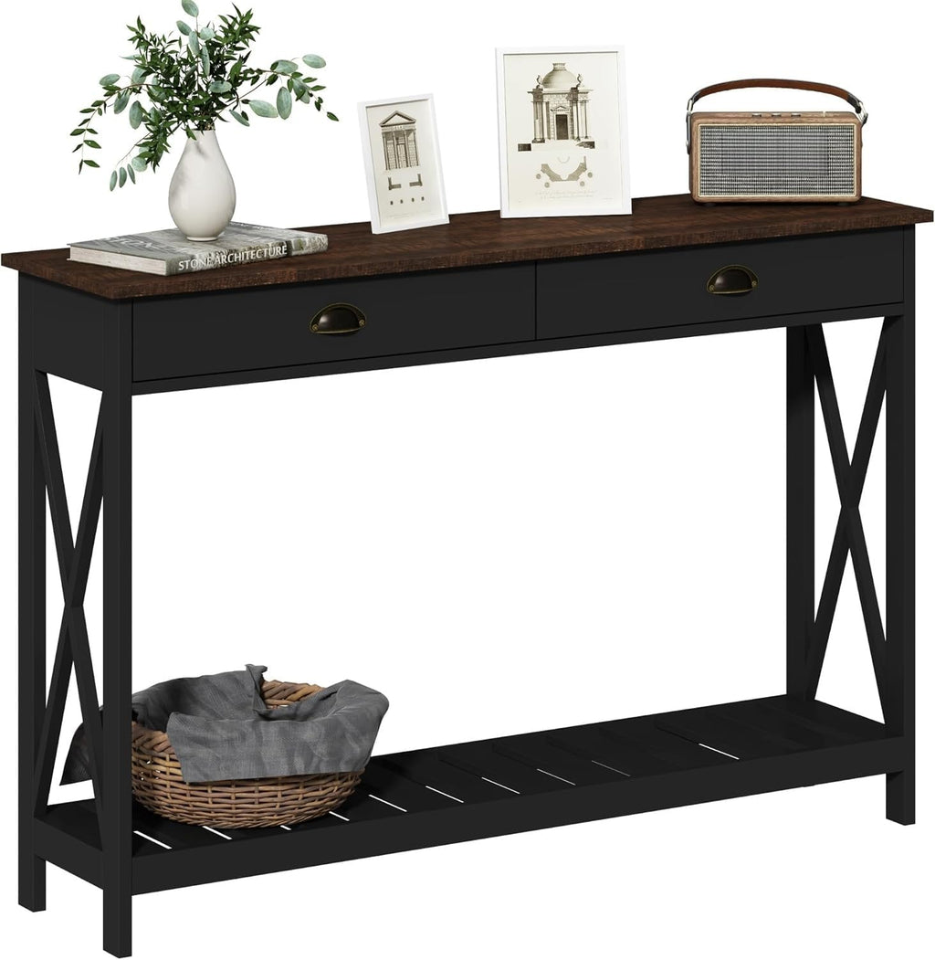 ChooChoo 47' Farmhouse Console Table with Drawer for Entryway, Narrow Long Entry Table with Shelf for Living Room, Rustic Vintage Hallway Sofa Table with Stable X Supports, Black
