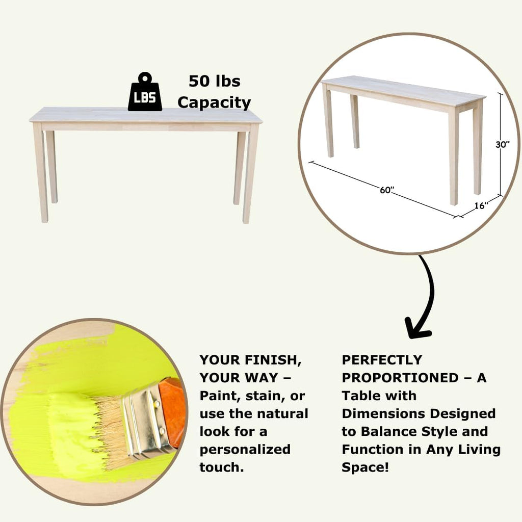 International Concepts Shaker Console Table, 60-Inch Long, Solid Parawood, Unfinished