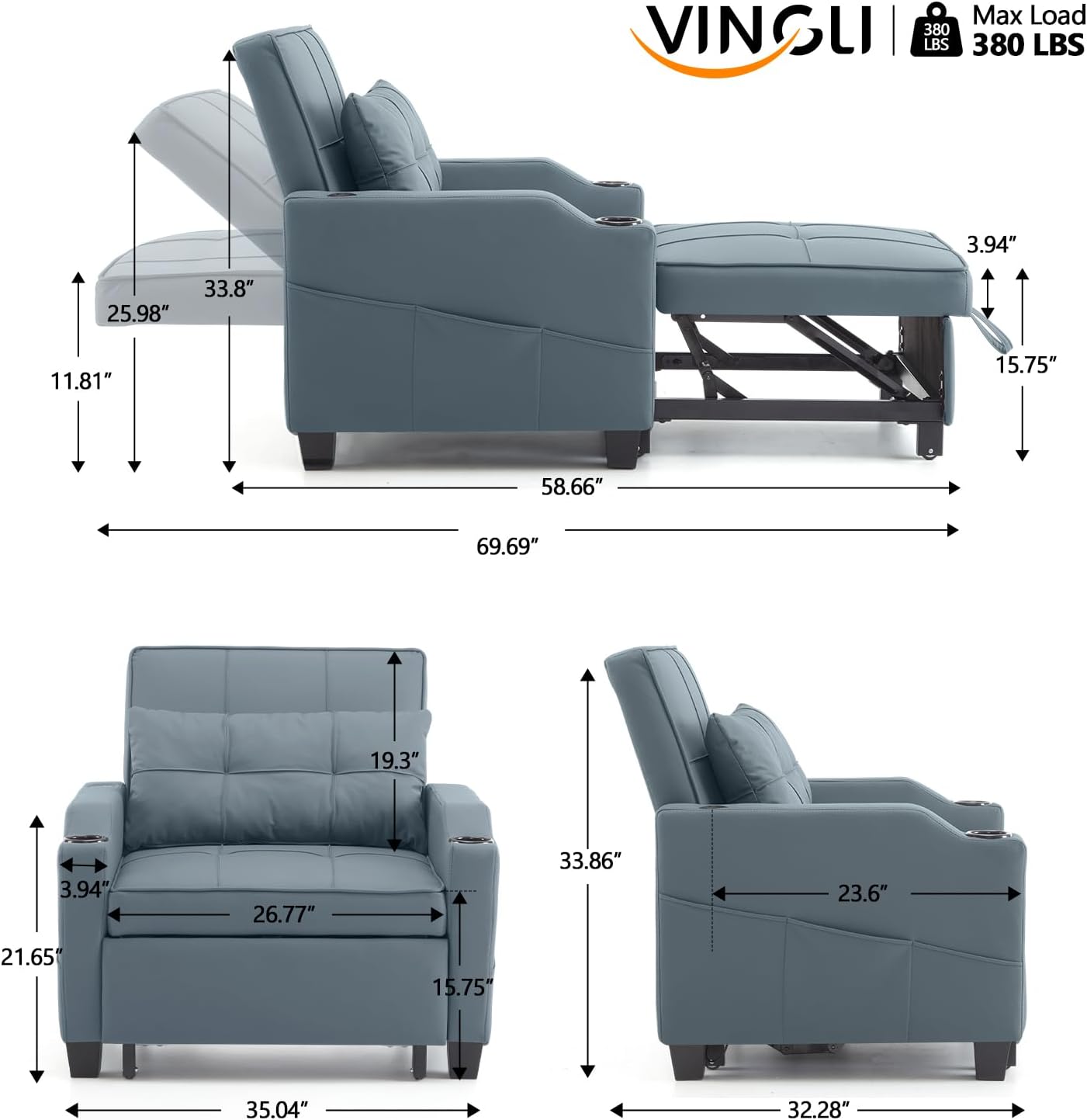VINGLI 3-in-1 Convertible Sofa Bed, Recliner with Adjustable Backrest, USB Ports, Cup Holders for Small Spaces, Living Room
