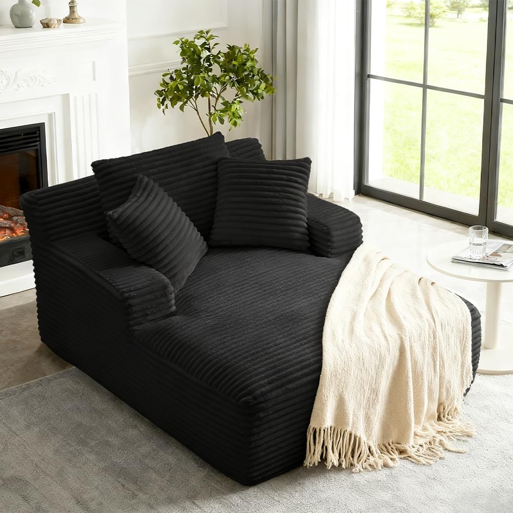 Tmsan 50' Oversized Chaise Lounge Sofa Chair Indoor, Modern Corduroy Sleeper Sofa Cloud Couch with 3 Soft Pillows, Comfy Single Seat Floor Sofa for Living Room Apartment Office, Black