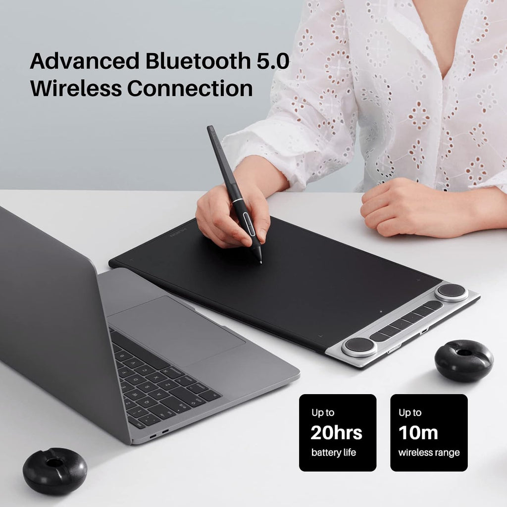 HUION Inspiroy Dial 2 Bluetooth Wireless Graphics Drawing Tablet with Dual Dials Bundle with Sketelon Glove for Digital Art, Animation and Graphics Design