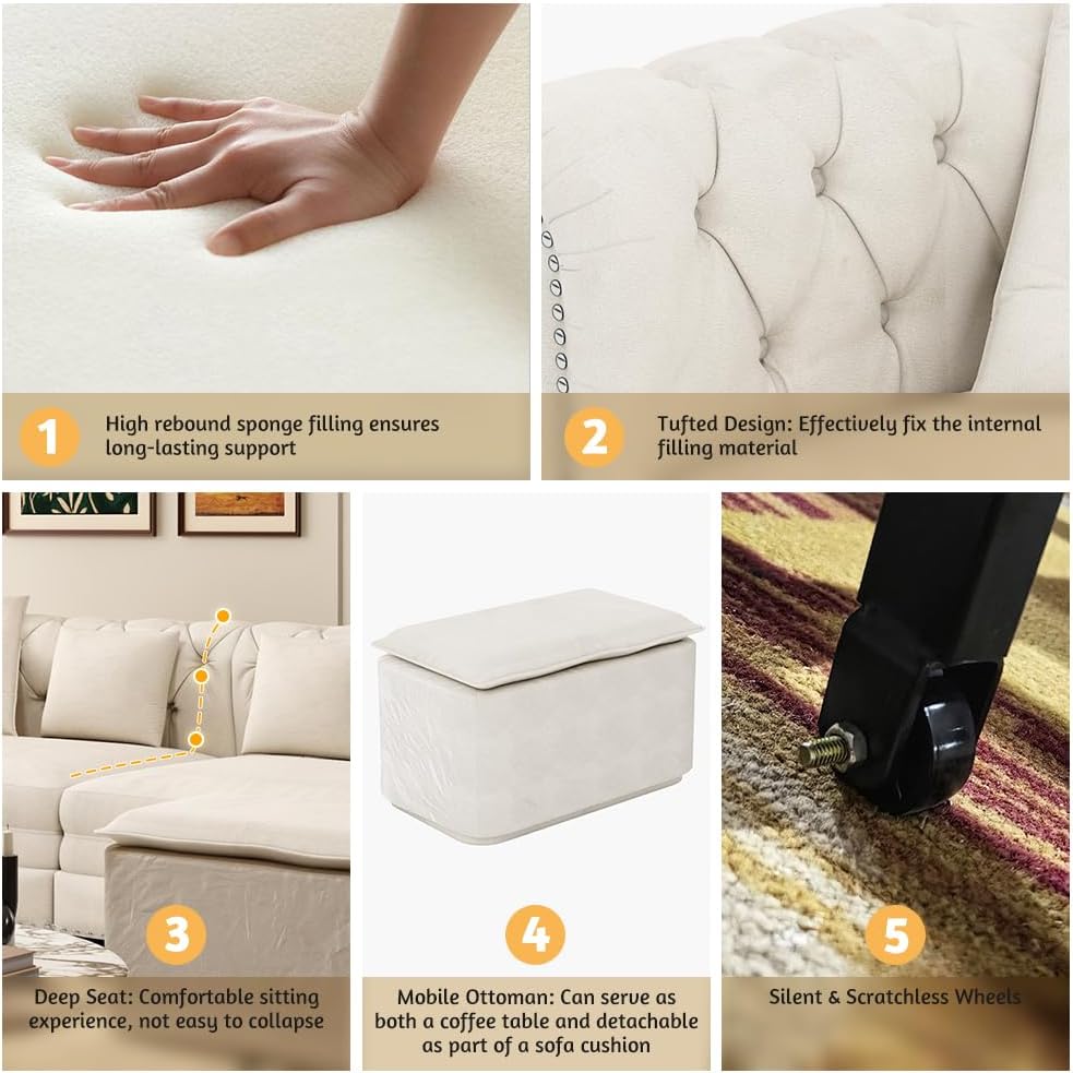 89'' Pull Out Sofa Bed King, Chesterfield Velvet Sleeper Sofa, Convertible L-Shaped Futon Couch, Tufted Back, 4 Pillows, Ottoman, Deep Seat Loveseat Couches for Living Room, Apartment, Beige