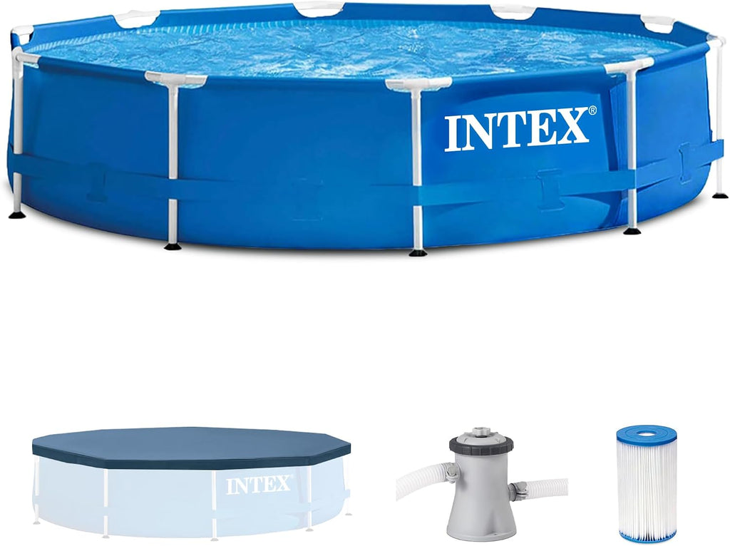 Intex Metal Frame 10ft x 30in Round Above Ground Outdoor Swimming Pool Set with 330 GPH Filter Pump, Cartridge, and Protective Round Pool Cover