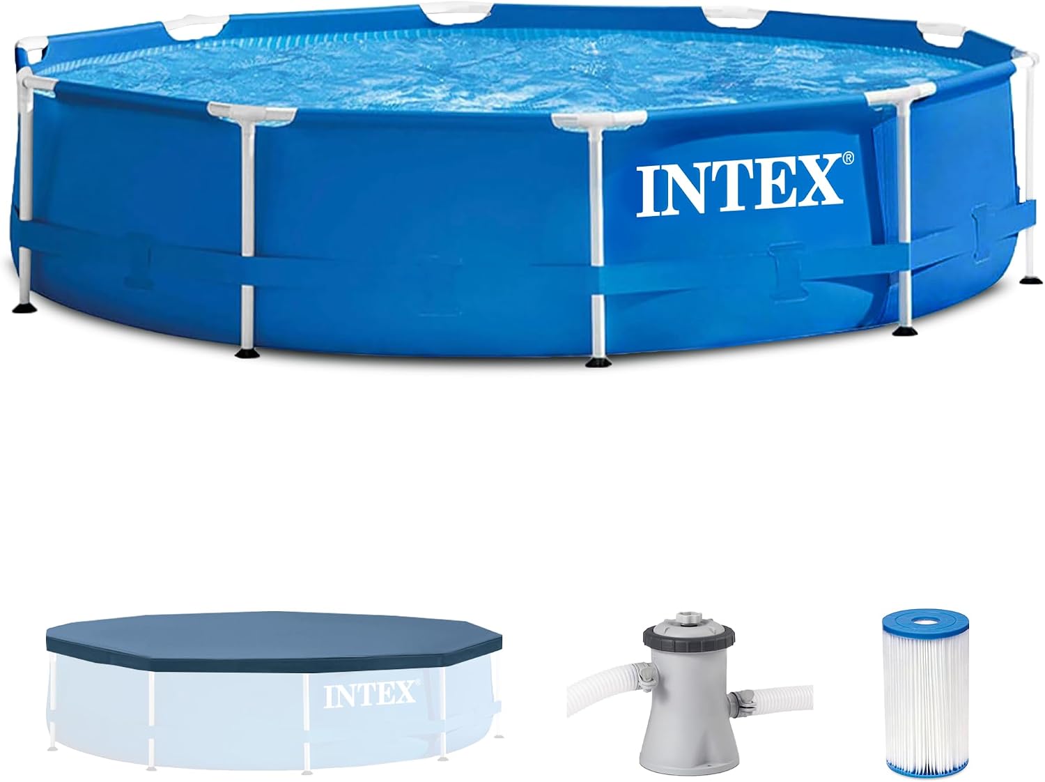 Intex Metal Frame 10ft x 30in Round Above Ground Outdoor Swimming Pool Set with 330 GPH Filter Pump, Cartridge, and Protective Round Pool Cover