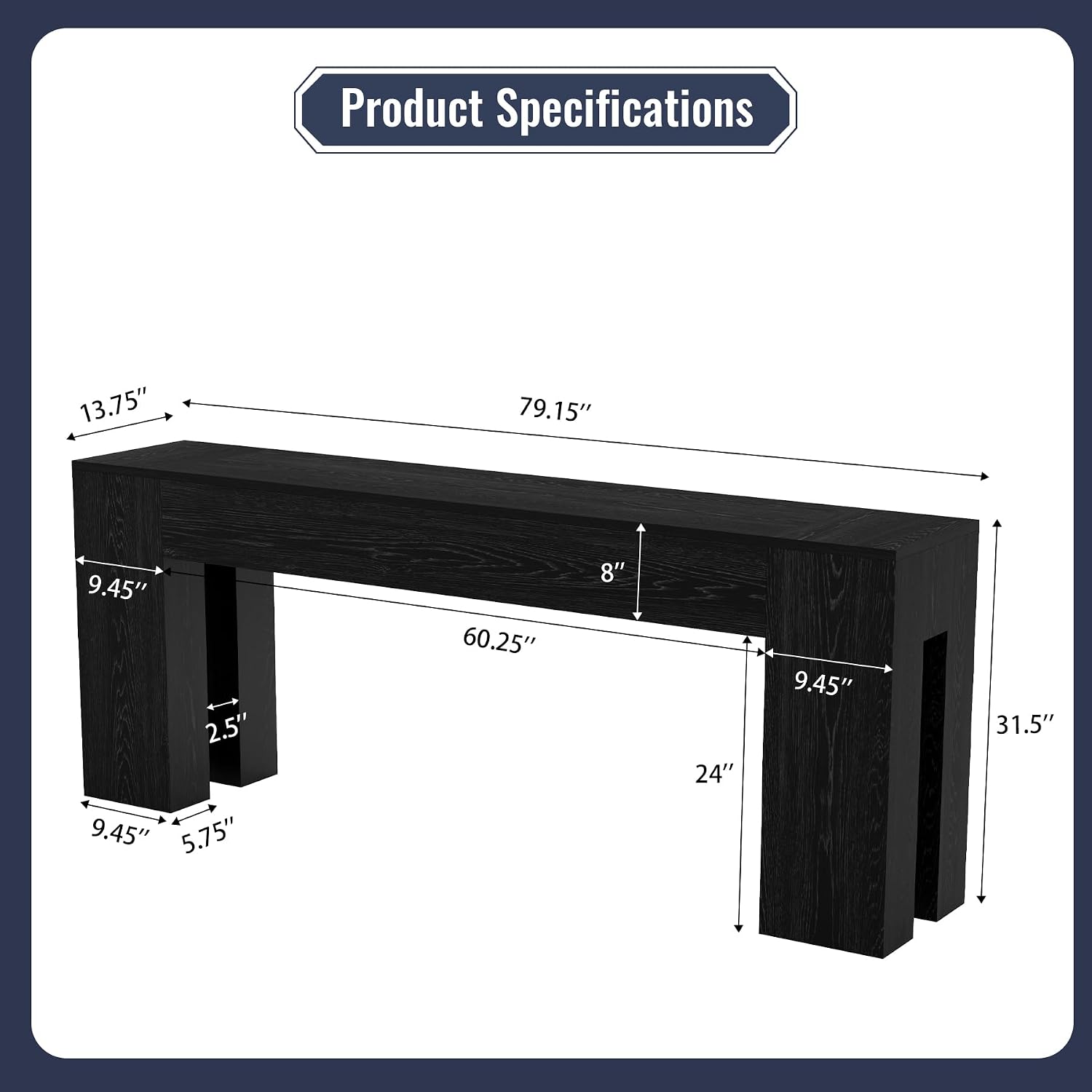 Epecoya Extra Long Sofa Console Table for Entryway Living Room, 79-Inch Farmhouse Wood Behind Couch Table, Rectangular Accent Console with Wooden Double Base for Hallway Foyer Entrance, Black