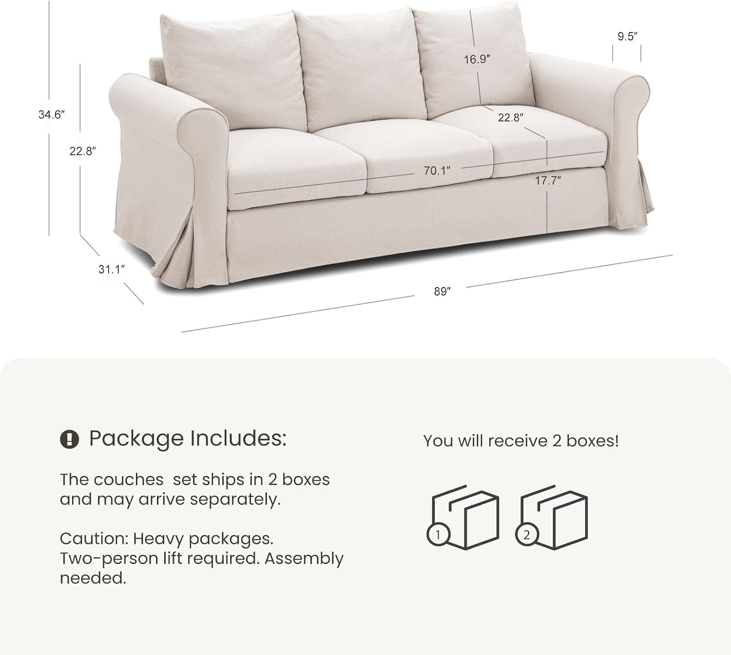 89' 3-Seater Couch for Living Room, Slipcovered Sofa, Beige Couches with Washable Cover, Supportive Cushions & Sturdy Frame, for Small Spaces, Apartment, Office, Easy Assembly