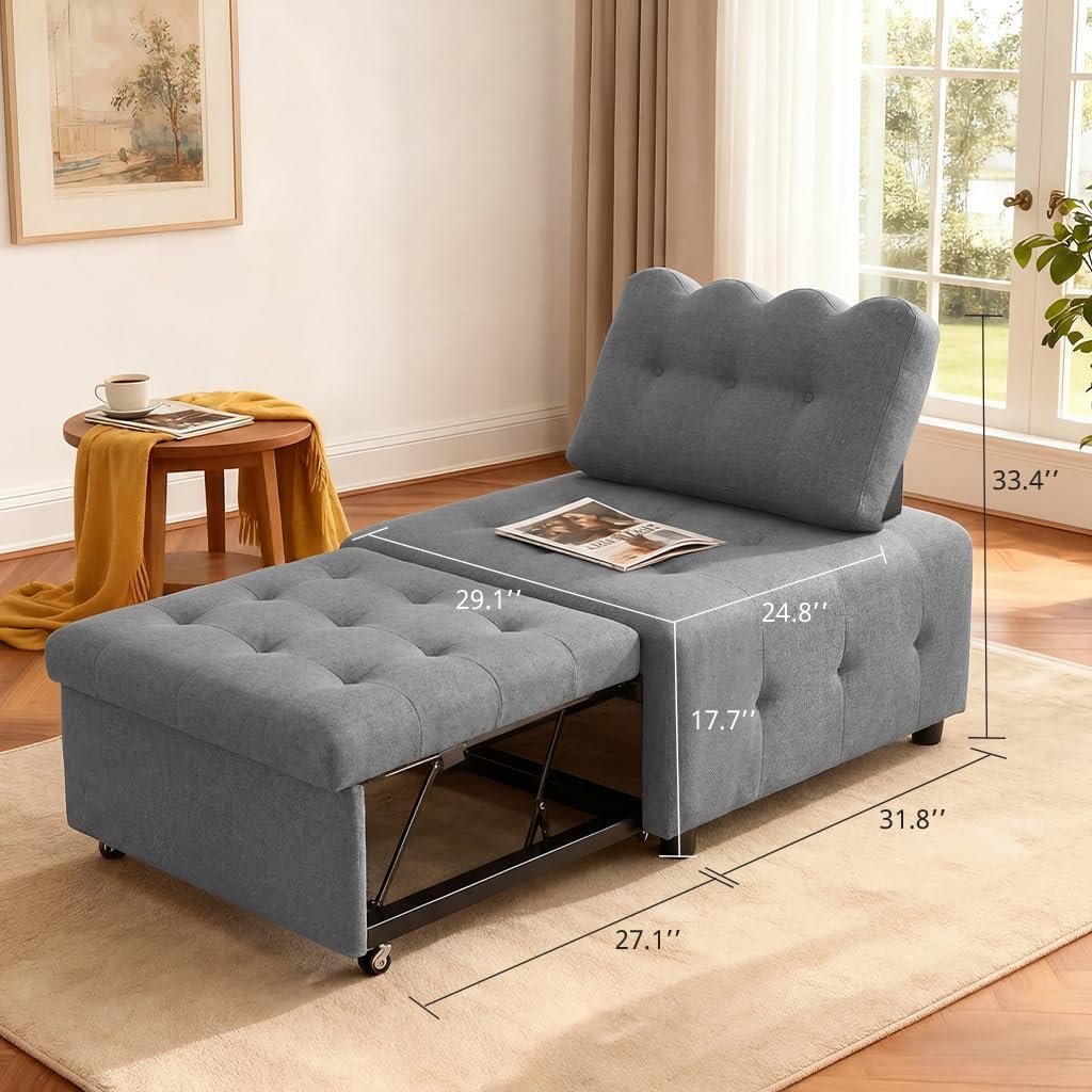 CMOHOMA Sleeper Sofa Bed,Convertible Pull Out Couch with Adjustable Backrest,Linen Chaise Lounge Chair,Sectional Couches for Living Room,Bedroom,Apartmen,Gray