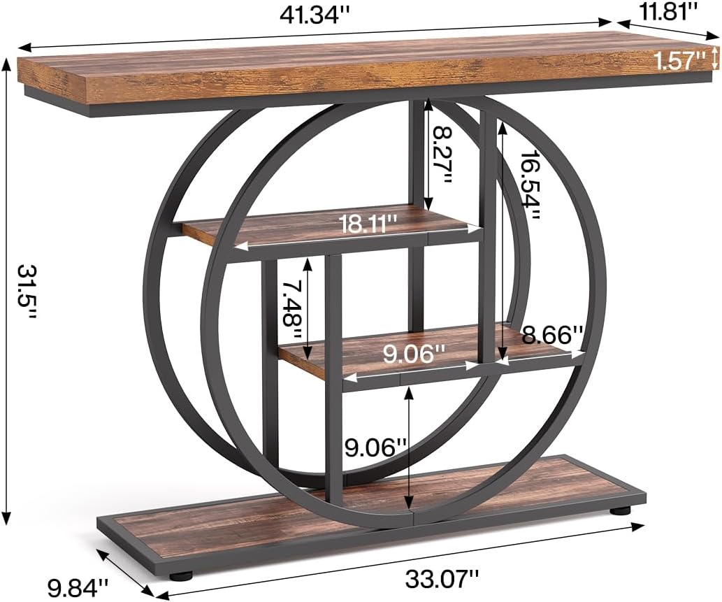 LITTLE TREE Console Table, 4-Tier Entryway Table, 41.3-Inch Industrial Sofa Table for Living Room, Foyer Hallway Table for Entrance, Rustic Brown and Black