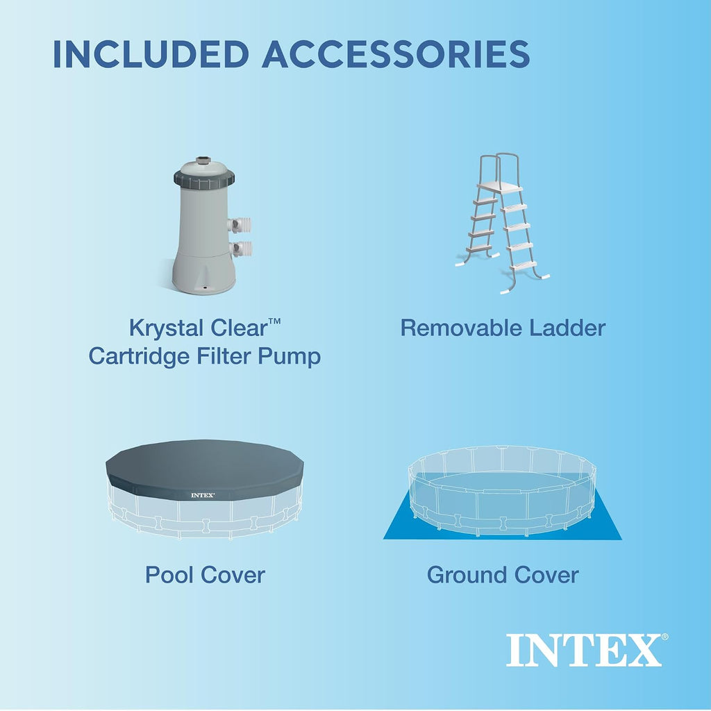 Intex 15 Foot by 48 Inch Round Metal Frame Above Ground Swimming Pool Set for Outdoor Use with Filter Pump, Ladder, Ground Cloth, and Cover, Blue