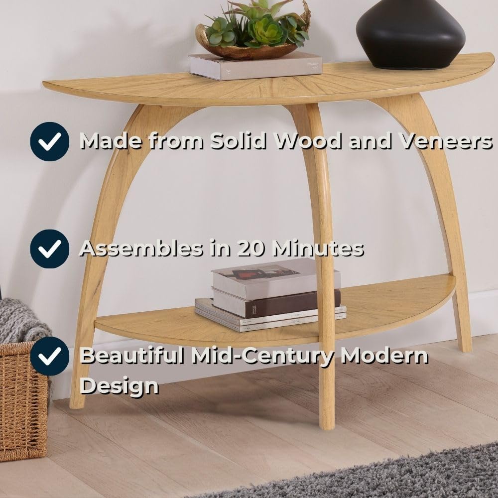 Martin Svensson Home LAX Retro Mid-Century Modern Half-Moon Wood Sofa Table with Lower Shelf, Console Table for Living Room or Entryway. Light Wood Blonde.
