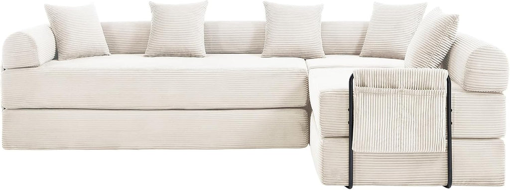 106' Oversized Convertible Sleeper Sofa Bed, Corduroy L Shape Sectional Couch, Folding Sofa Bed with Side Pocket, Modern Cloud Floor Mattress Couch, Modular Sofa for Living Room, Beige
