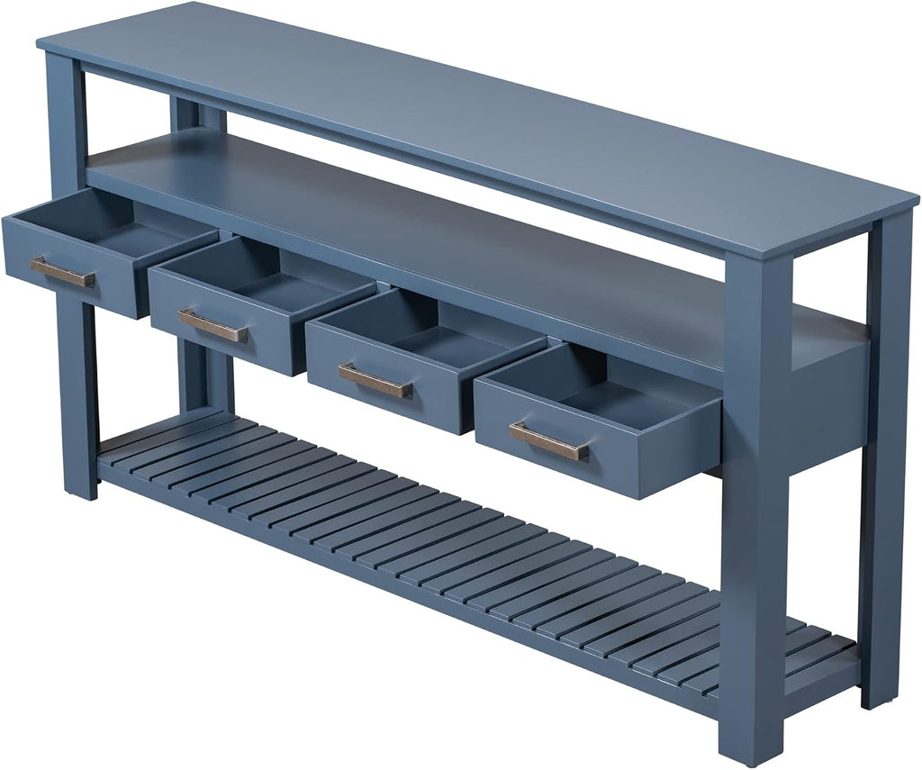 62 in Blue Console Table with 4 Drawers and 3-Tier Storage Shelves, Wood Modern Sofa Table Entryway Table Side Table for Entry Way, Hallway, Couch, Living Room, Kitchen, Foyer