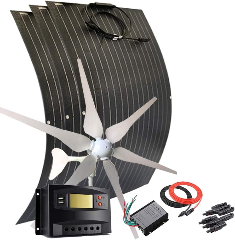 700W Solar Wind Hybrid Kit for Cabin:400W 12V Wind Turbine Generator/3pcs 100W etfe Flexible Solar Panels Monocrystalline/30A PWM Charge Controller/Cable/Connector