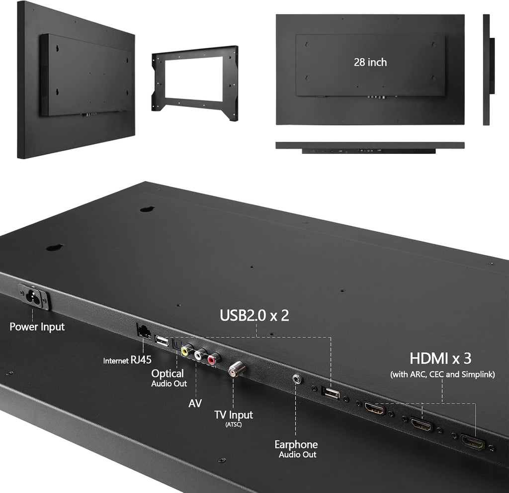 28inch 4K UHD Smart TV for Bathroom,Mirror Panel, IP65 Waterproof,Built-in Speakers, WiFi, Bluetooth,webOS System, Model 2026