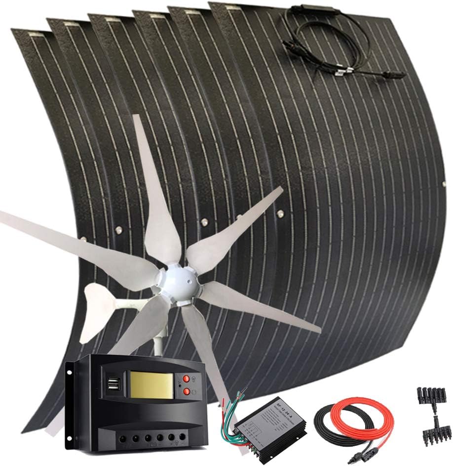 1000W Solar Wind Hybrid System for Camping Car:400W Wind Turbine Generator/6pcs 100W etfe Flexible Solar Panels Monocrystalline/50A Charge Controller/Cable/Connector