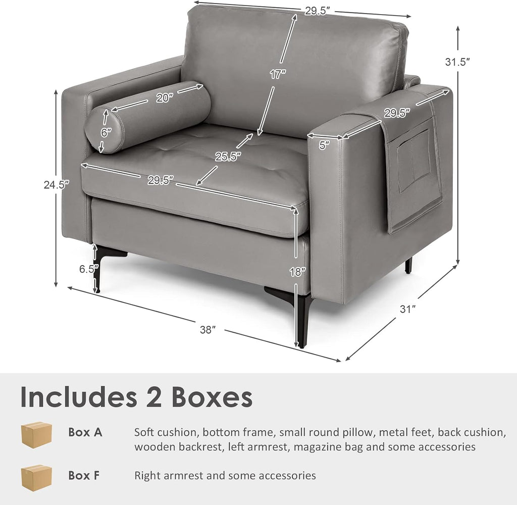 Giantex Single Sofa, Accent Chair, Armchair w/Comfy Cushion Bolster, Armrest Magazine Caddy Pockets, Living Room Upholstered Leisure Chair for Bedroom Reception Room Dark Grey