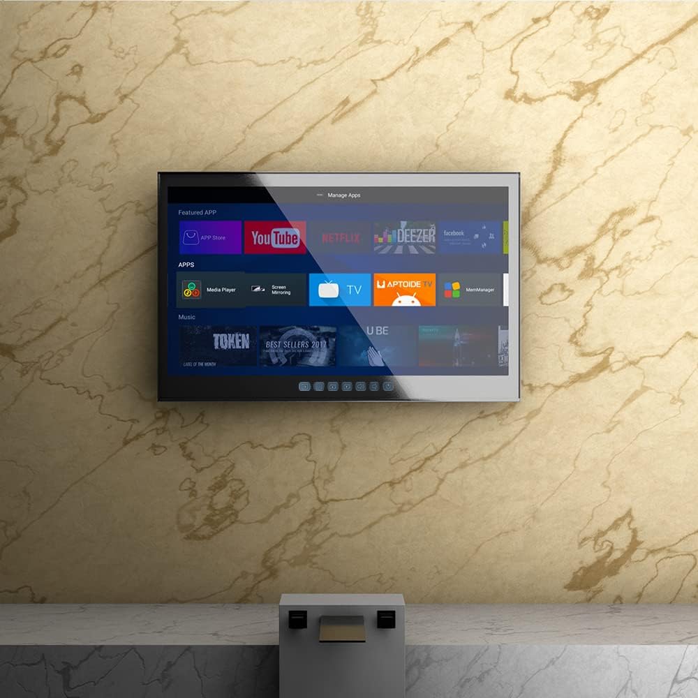 Soulaca 22 inches Full Touchscreen Mirror TV for Bathroom Android, WiFi, Bluetooth, IP65 Waterproof DTV Tuner ATSC Luxury Hotel SPA Use