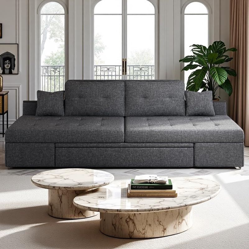YITAHOME 5-in-1 Sleeper Sofa, Convertible Sofa Bed Couch with 2 Storage Cabinets and USB Ports, 100' Sectioanl Sofa Couch with 2 Throw Pillow for Living Room, Grey Linen Fabric