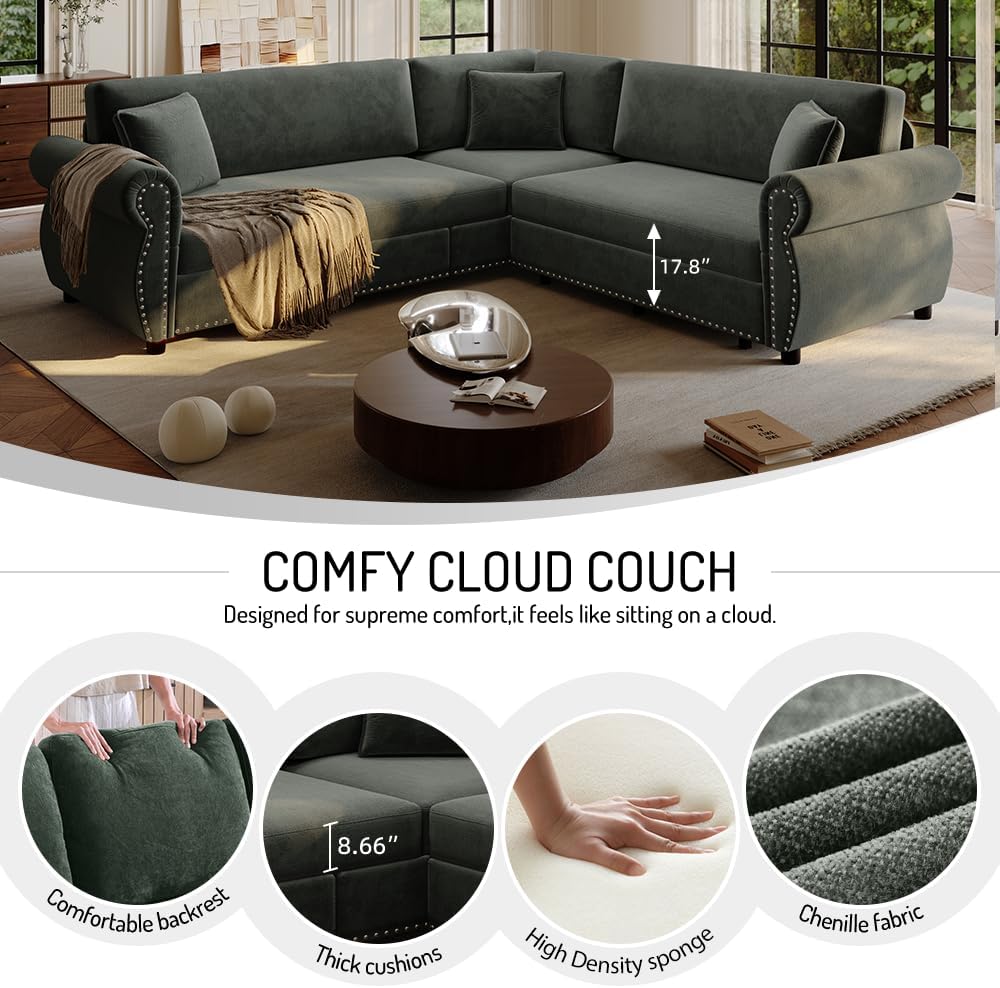 88.2'' Pull Out Couch, Convertible Sleeper Sofa Bed, Upholstered Sectional Sofa, Chenille L-Shaped Couch with Nailhead Trim, 4-Seater Modern Sectional Couches for Living Room, Bedroom,Green