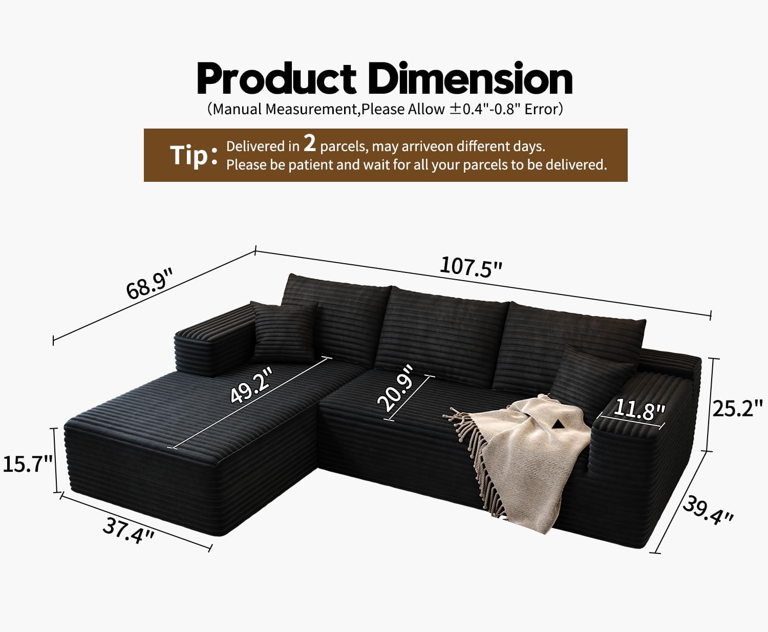 107.5' Cloud Modular Sectional Sofa Couch with L-Shape Chaise,Modern Minimalist Upholstered Couches for Living Room Bedroom,Deep Seat Corner Couch，No Assembly Required (Black,Left Facing Chaise)