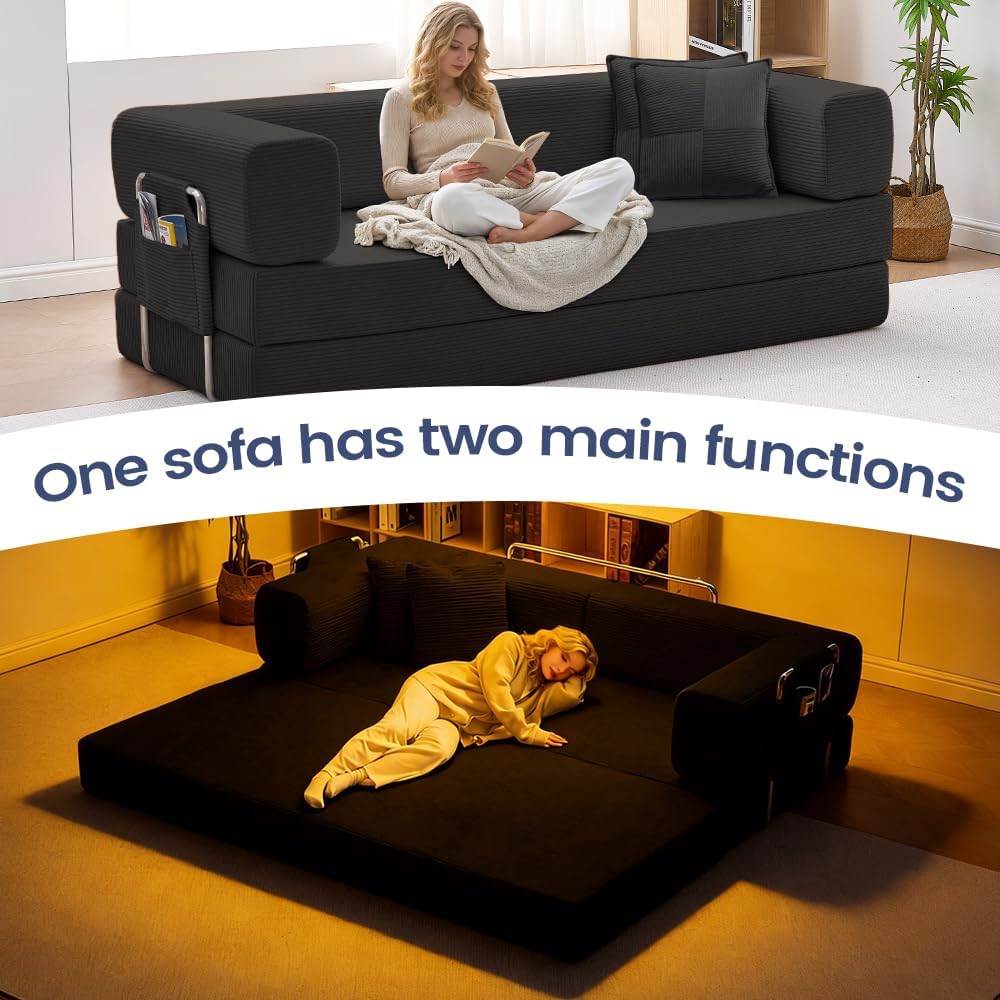 GEARIVY Folding Sofa Bed Convertable Corduroy Couch King Size Floor Sleeper 4-in-1 DIY Combination Modular Sofa Fold Out Futon Lounge Comfy Foldable Lazy cama for Living Room (Black, 80.3 inch Sofa)