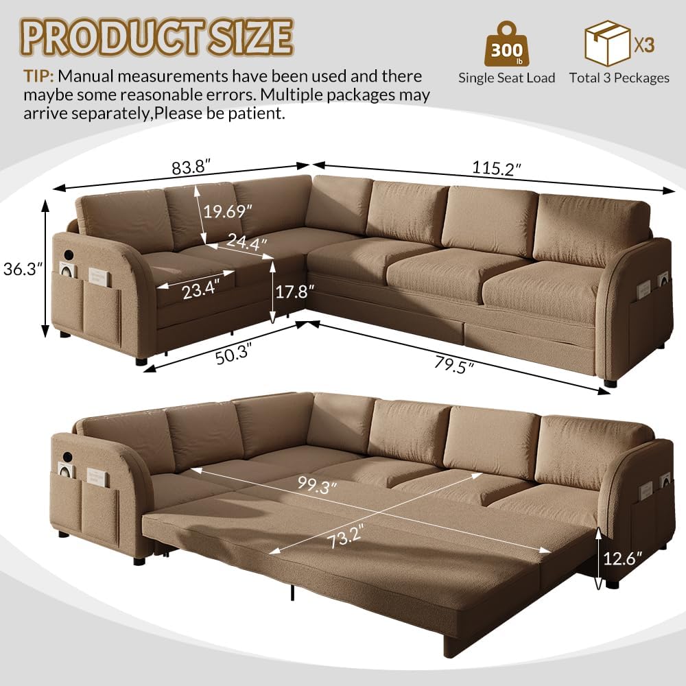 115.2'' Pull Out Couch Bed King Size, Convertible Sleeper Sofa, Oversized 6-Seater L-Shaped Couches with Side Pockets, USB, Teddy Reversible Sectional Sofa for Living Room, Apartment, Brown