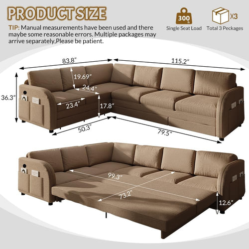 115.2'' Pull Out Couch Bed King Size, Convertible Sleeper Sofa, Oversized 6-Seater L-Shaped Couches with Side Pockets, USB, Teddy Reversible Sectional Sofa for Living Room, Apartment, Brown