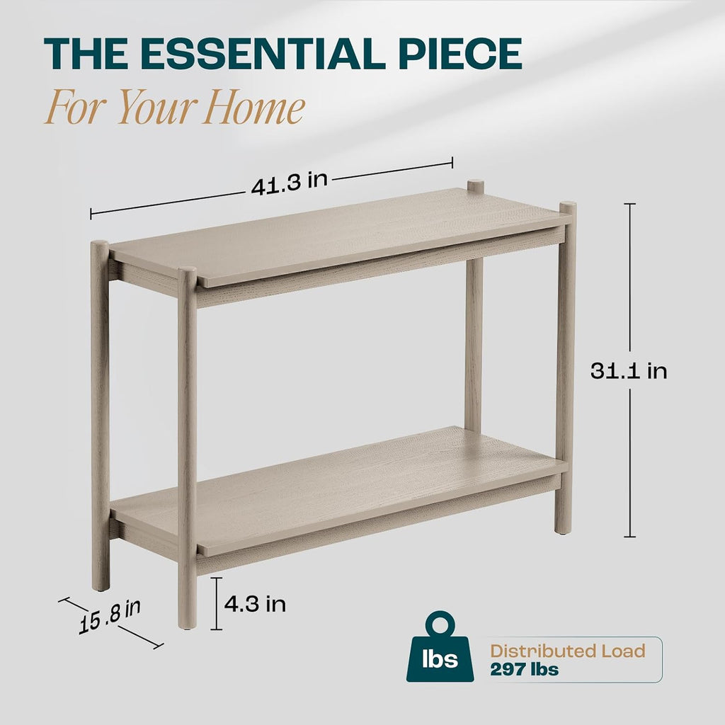 Bme Lyra Console Table, Pure Solid Wood with Oak Finish, Entryway and Hallway Living Room Table, 297 lbs Capacity, Adjustable Levelers, Easy Assembly, Large Open Shelf, Ideal for Any Space, Light Grey