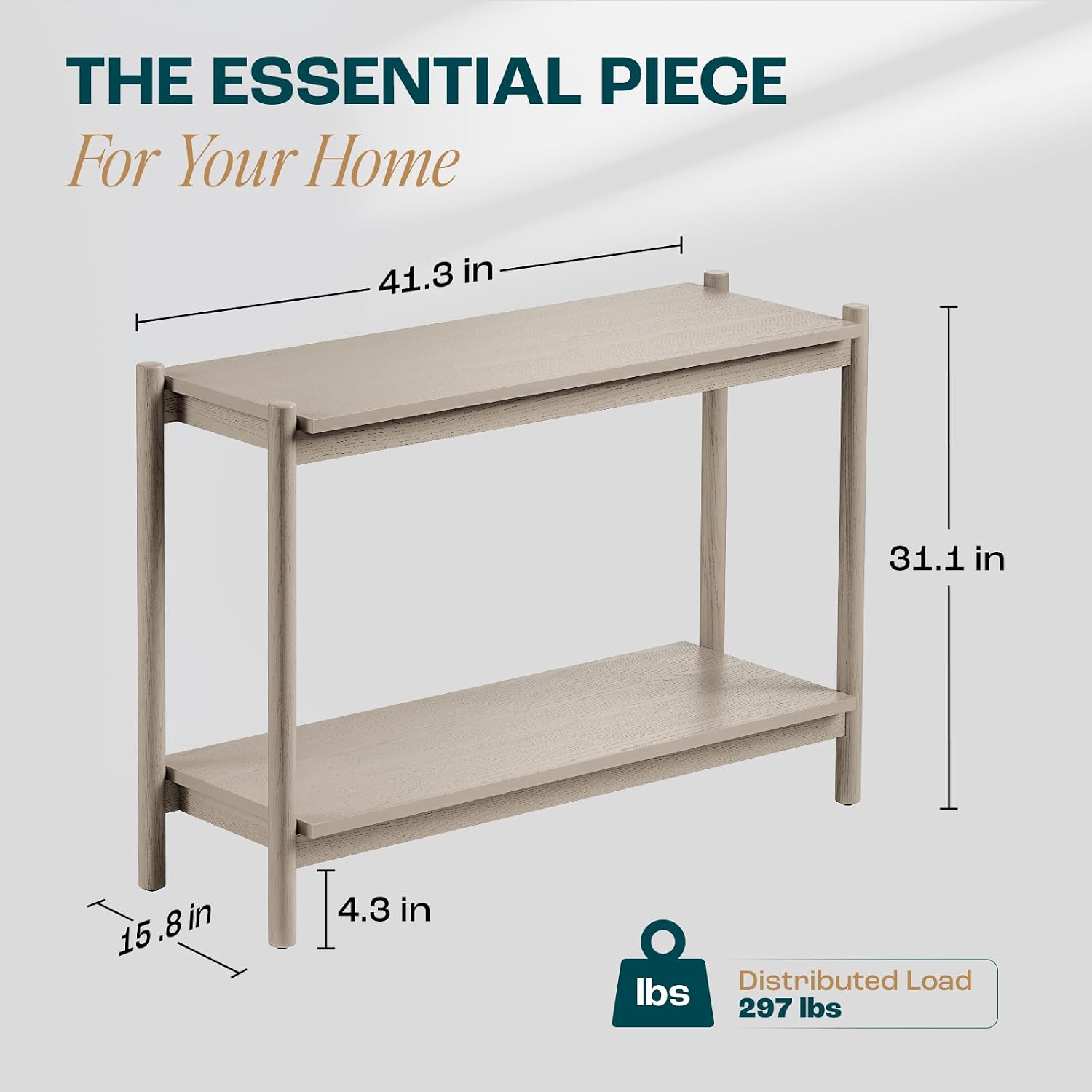 Bme Lyra Console Table, Pure Solid Wood with Oak Finish, Entryway and Hallway Living Room Table, 297 lbs Capacity, Adjustable Levelers, Easy Assembly, Large Open Shelf, Ideal for Any Space, Light Grey