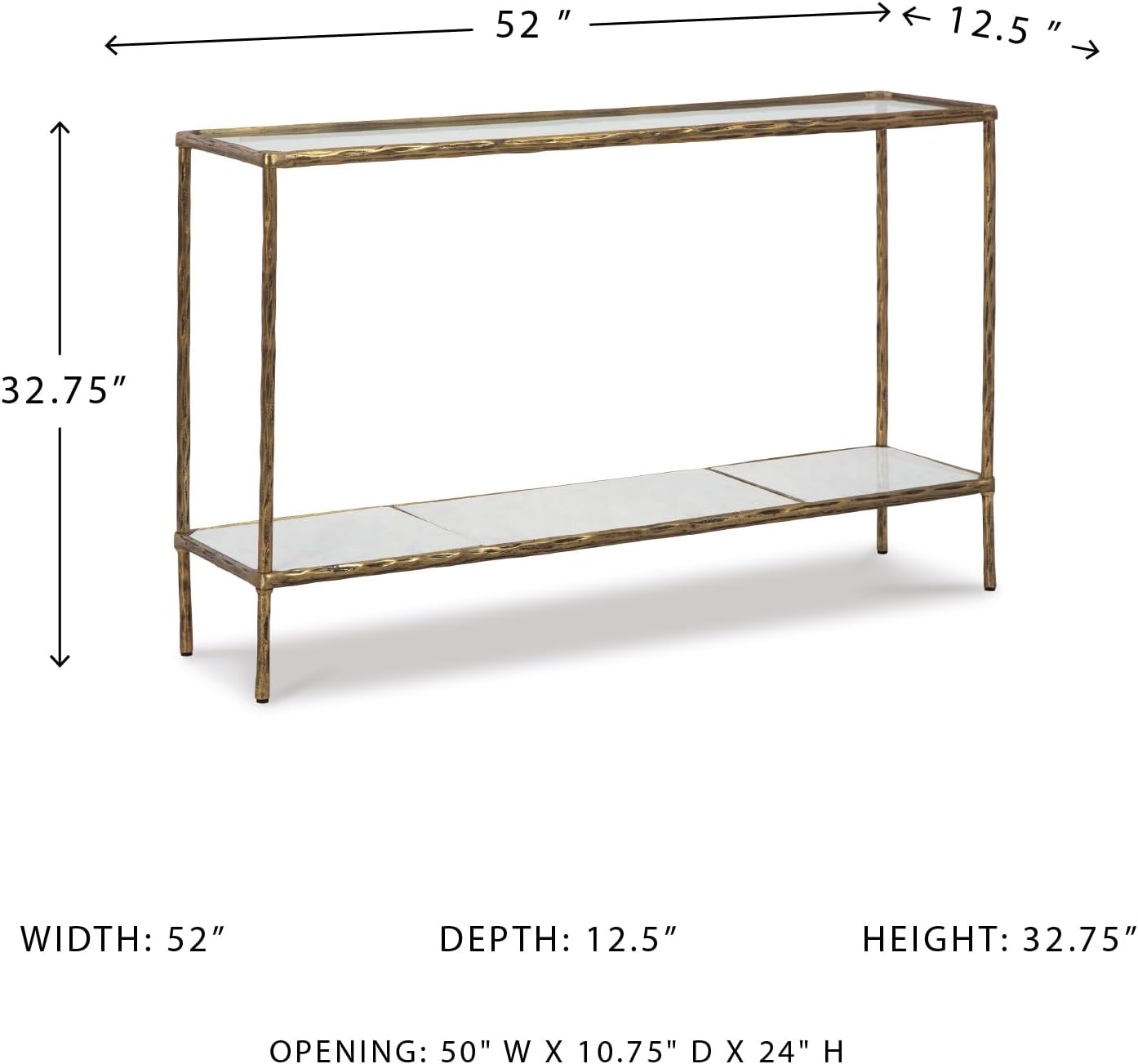 Signature Design by Ashley Ryandale Console Sofa Table, Glass Tabletop, White Marble Lower Shelf, Sand Casted Aluminum, 52' W x 12.5' D x 32.75' H, Antique Brass Finish