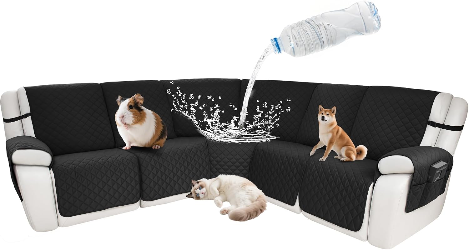 Waterproof Sectional Reclining Couch Covers L Shaped Recliner Sectional Sofa Cover 7 Piece Non Slip Washable Corner Recliner Slipcover Set for Pet Dog (5 Seater Cover, Black)