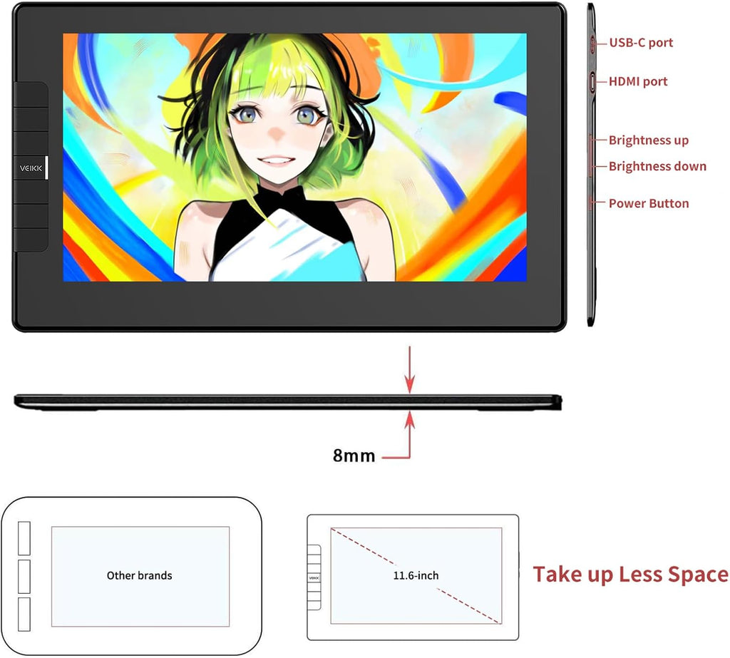 VEIKK VK1200 11.6 inch Drawing Tablet with Screen, 8192 Levels Pressure Battery-Free Pen, Tilt Function, 6 Shortcut Keys, for Artists, Students, and Beginners