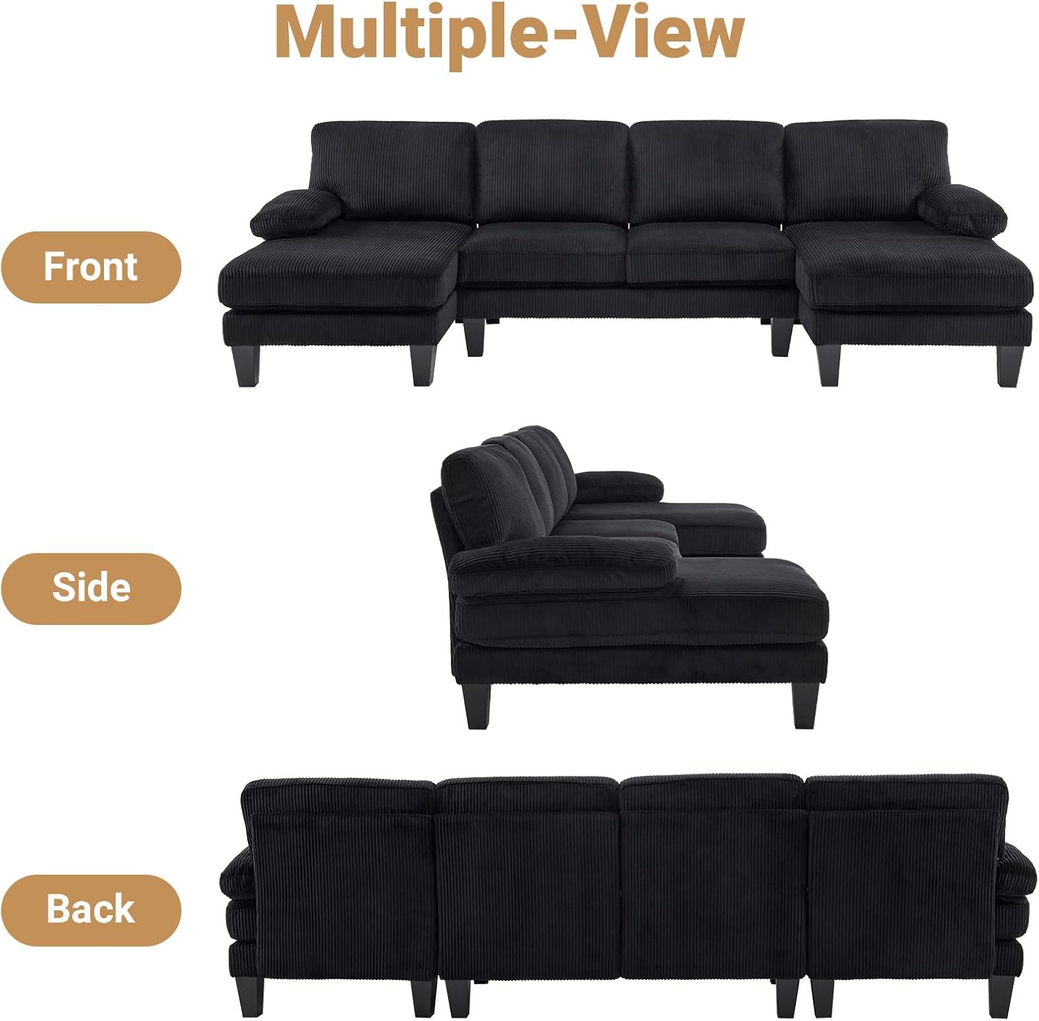 VINGLI 110' Sectional Couches for Living Room,U Shaped Couch with Double Chaise, 4-Seat Sofa Set with Corduroy Fabric for Home Furniture,Black