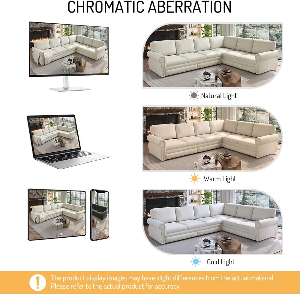 118'' Pull Out Couch, Convertible Sleeper Sofa Bed, Upholstered Sectional Sofa, Chenille L-Shaped Couch with Nailhead Trim, 6-Seater Modern Sectional Couches for Living Room, Apartment, Beige