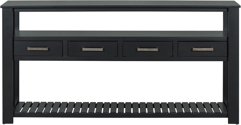 62 in Black Console Table with 4 Drawers and 3-Tier Storage Shelves, Wood Modern Sofa Table Entryway Table Side Table for Entry Way, Hallway, Couch, Living Room, Kitchen, Foyer