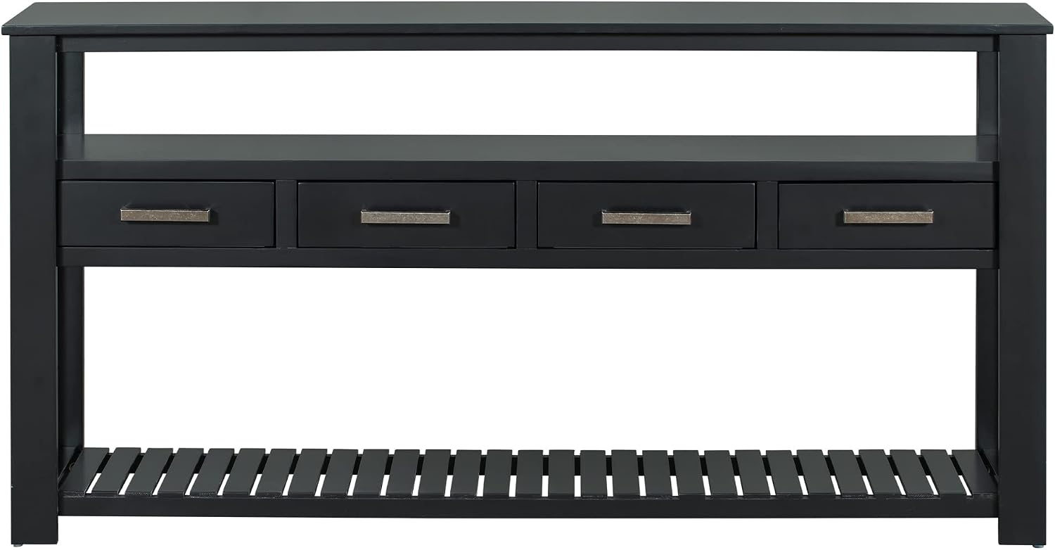LKTART Console Table for Entryway with 4 Drawers,61.5'' Long Sofa Table with 3-Tier Open Shelves,Entry Table for Hallway,Foyer,Living Room,Black