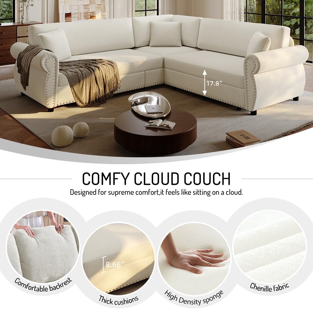88.2'' Pull Out Couch Bed King, L Shaped Convertible Sleeper Sofa, 4-seater Couches with Rivet Armrests, 3 Pillows, Chenille Upholstery, Futon Sofa Bed for Living Room, Apartment, Office, Beige