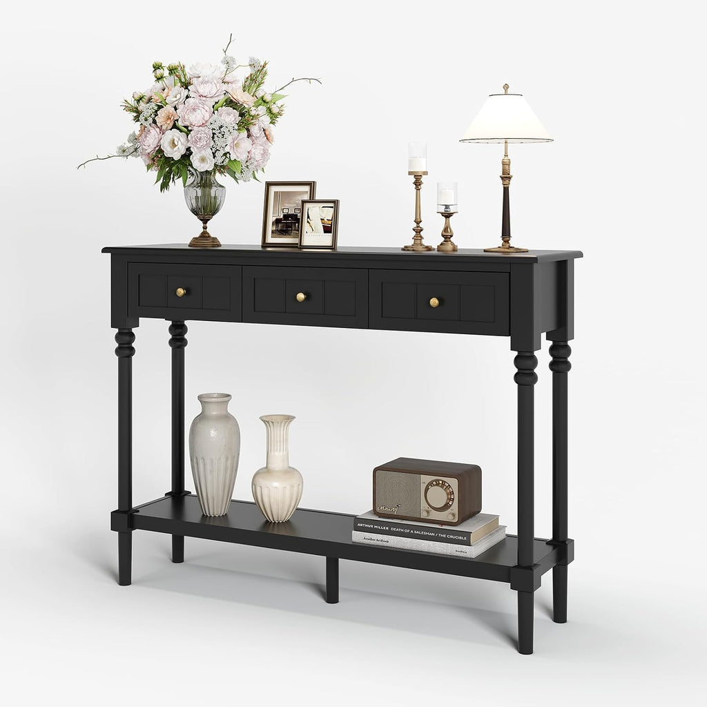 JOINICE Console Tables with Drawers,43' Entryway Table with Shelf and Solid Wood Legs,Narrow Long Sofa Table with Storage, Wood Foyer Tables for Entryway,Living Room,Hallway,Black