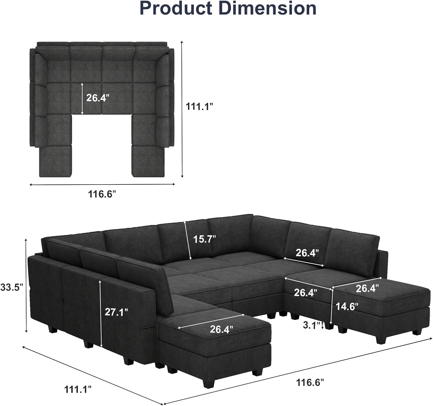 Belffin Terry Fabric Oversized U Shaped Sectional Sofa with Chaise Modular Sectional Sofa Couch for Living Room Convertible Sleeper Bed. Black Couch