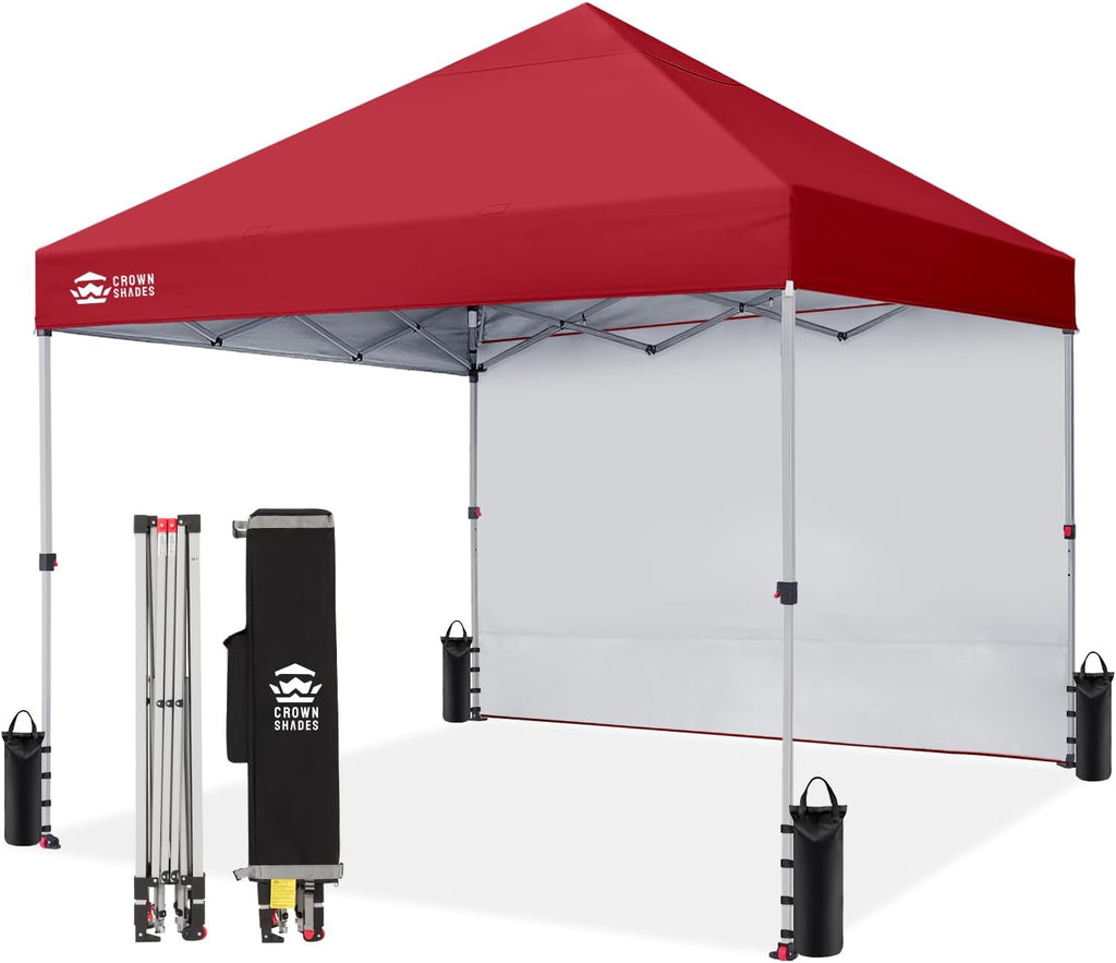 CROWN SHADES Pop Up Canopy with 1 Side Wall - Beach Tent with One Push Setup - Outdoor Sun Shade for Events, Parties, Camping - Gazebo with STO-N-Go Cover Bag, Red, 8x8FT
