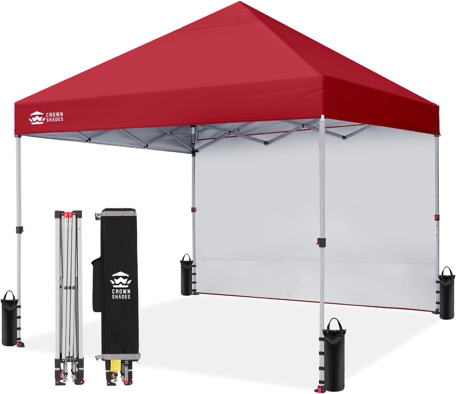 CROWN SHADES Pop Up Canopy with 1 Side Wall - Beach Tent with One Push Setup - Outdoor Sun Shade for Events, Parties, Camping - Gazebo with STO-N-Go Cover Bag, Red, 8x8FT
