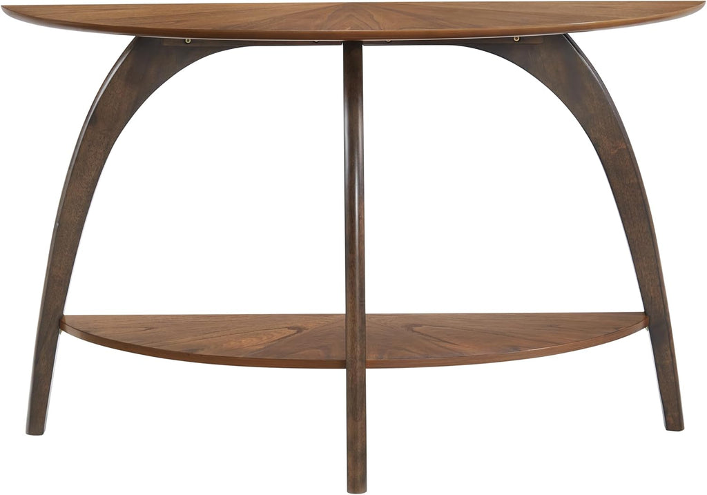 Retro Mid-Century Modern Half-Moon Wood Sofa Table with Lower Shelf, Console Table for Living Room or Entryway. Nutmeg Brown Top with Espresso Brown Legs